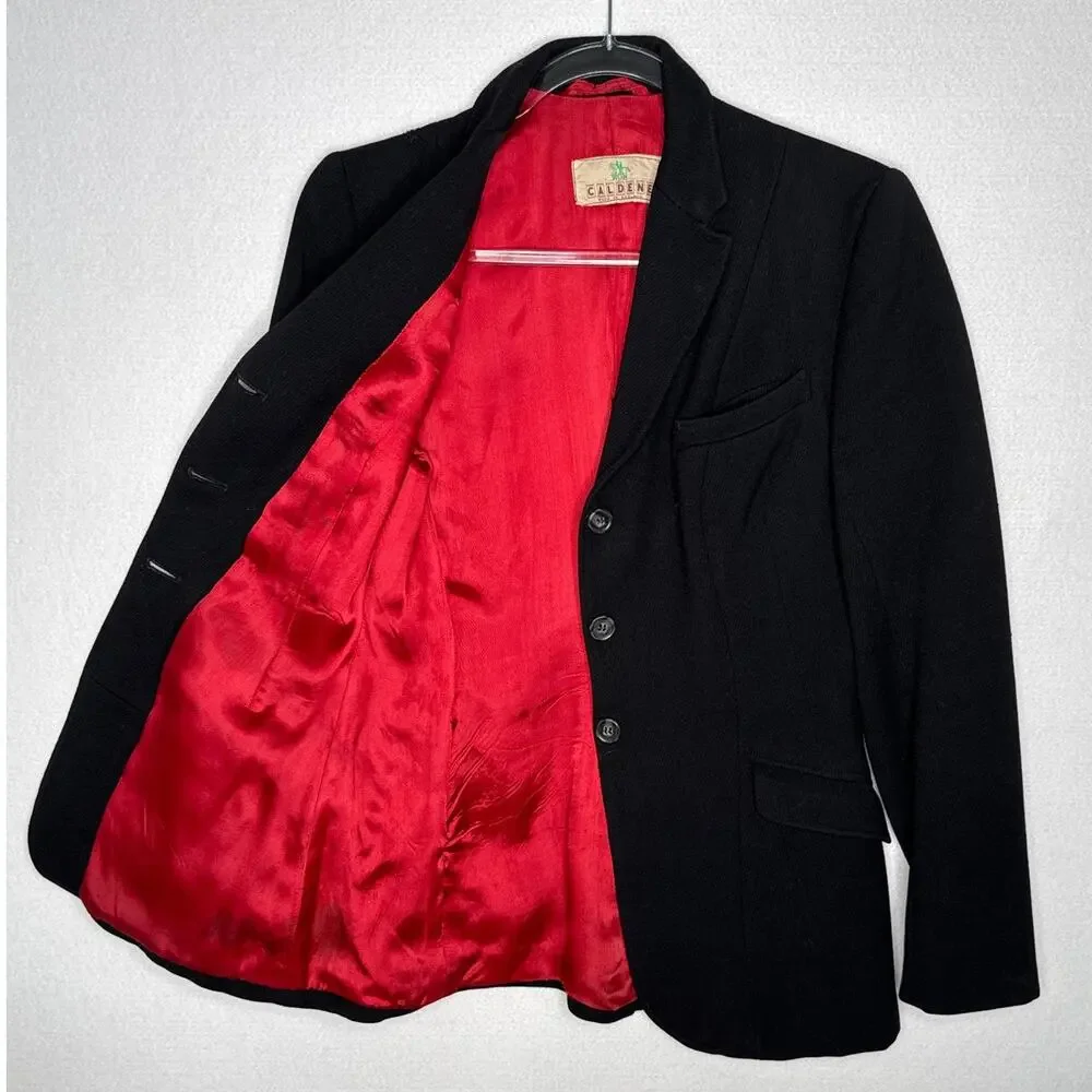 Vintage 1970s-80s Caldene Black Wool Riding Blazer Red Lined Small
